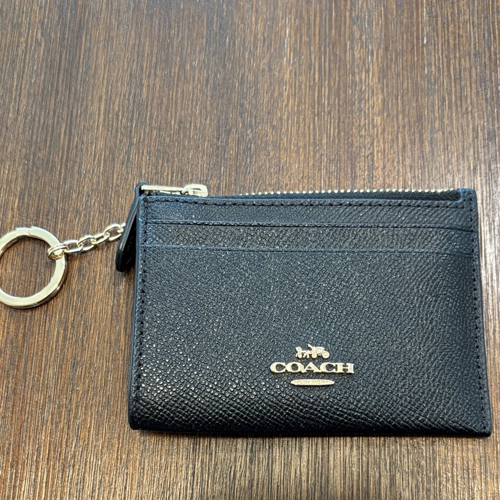 Coach Black Leather Card Case with Key Ring